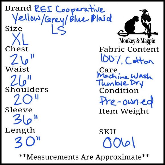 REI Shirt Mens XL Extra Large Yellow Grey Plaid Button Up Long Sleeve Pockets - Picture 8 of 8